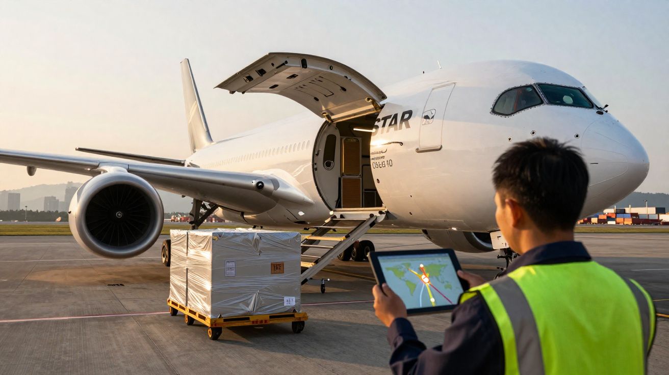 Homem com colete refletor a controlar carga em avião de carga no aeroporto ao pôr do sol.