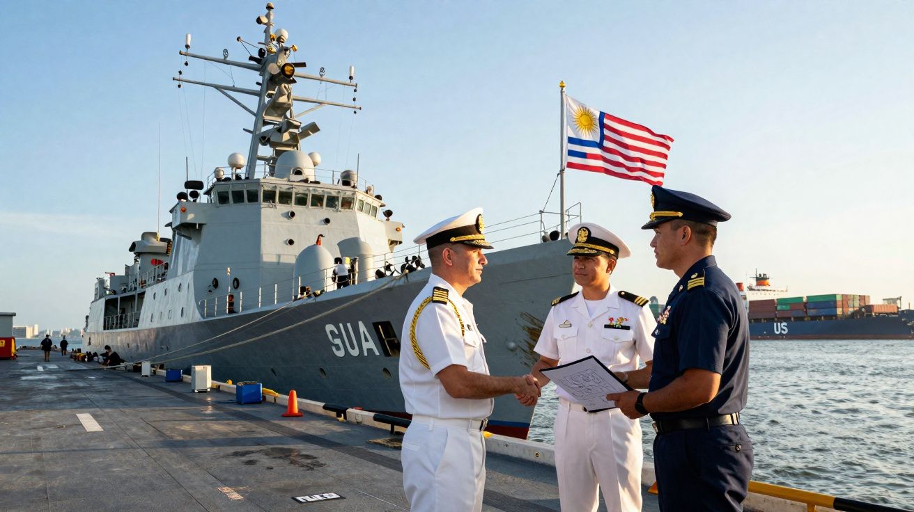 Três militares da marinha ao lado de um navio atracado, um deles entrega um certificado a outro.