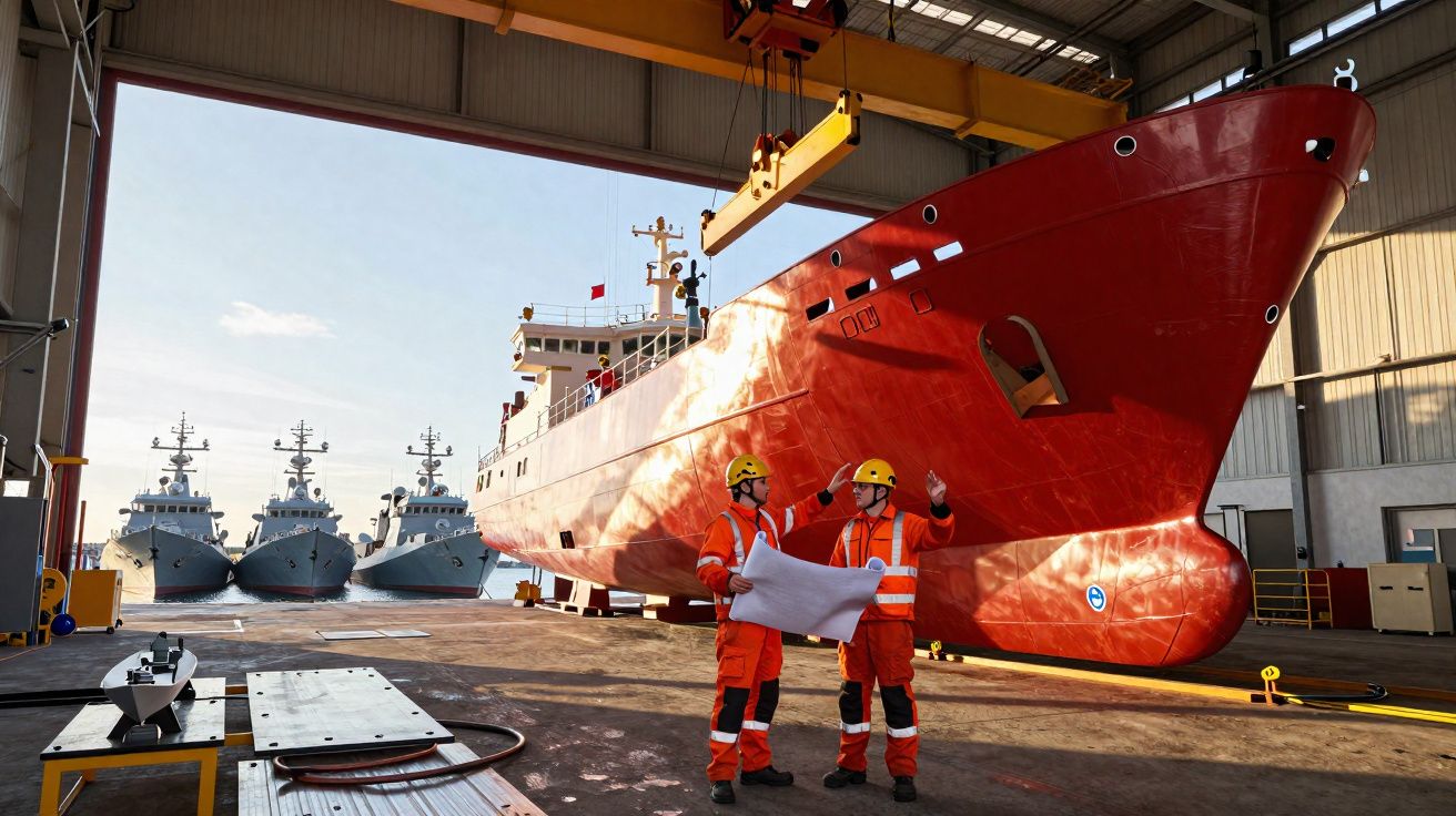 Dois trabalhadores com capacetes e coletes estão a discutir junto a um grande navio vermelho em doca coberta.
