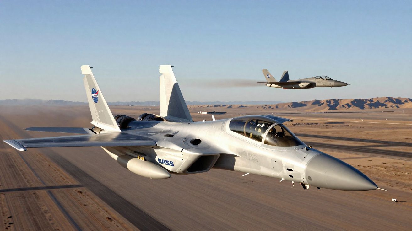 Dois caças a jato a sobrevoar um deserto com montanhas ao fundo, um com logo da NASA.