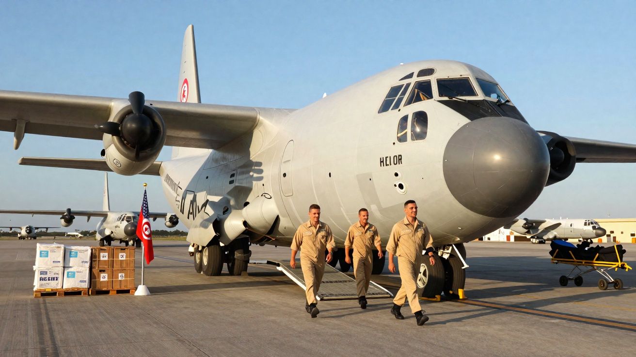Três militares a caminhar em frente a um avião de transporte militar no pátio de um aeroporto, com caixas e bandeiras ao lado