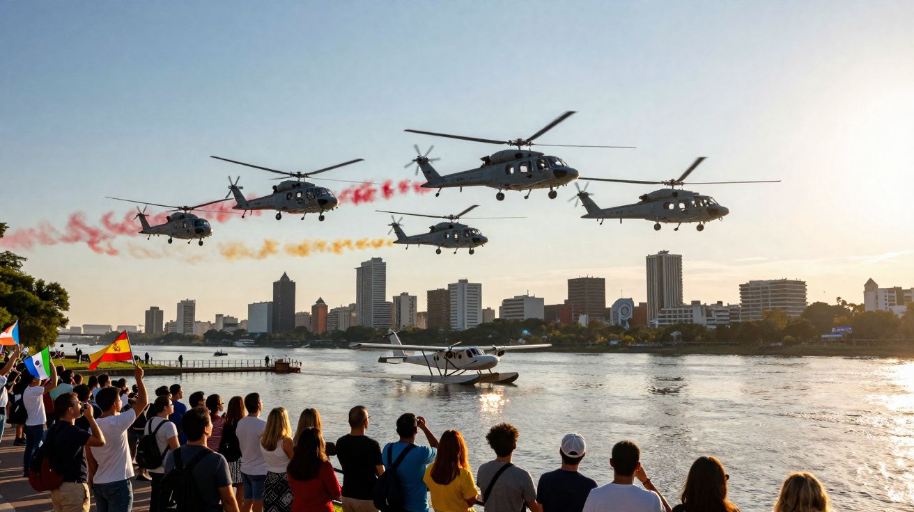 Helicópteros em voo sincronizado com fumos coloridos sobre rio e multidão a observar no cais ao pôr do sol.
