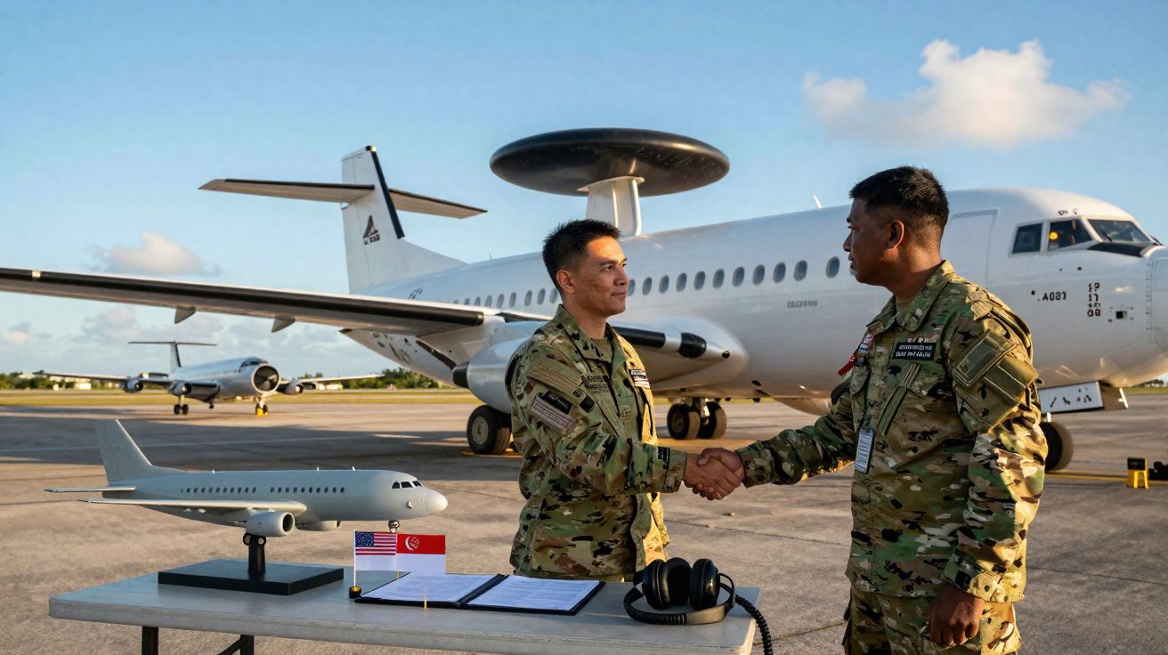 Dois militares apertam as mãos em frente a um avião militar com uma maquete e bandeiras na mesa.