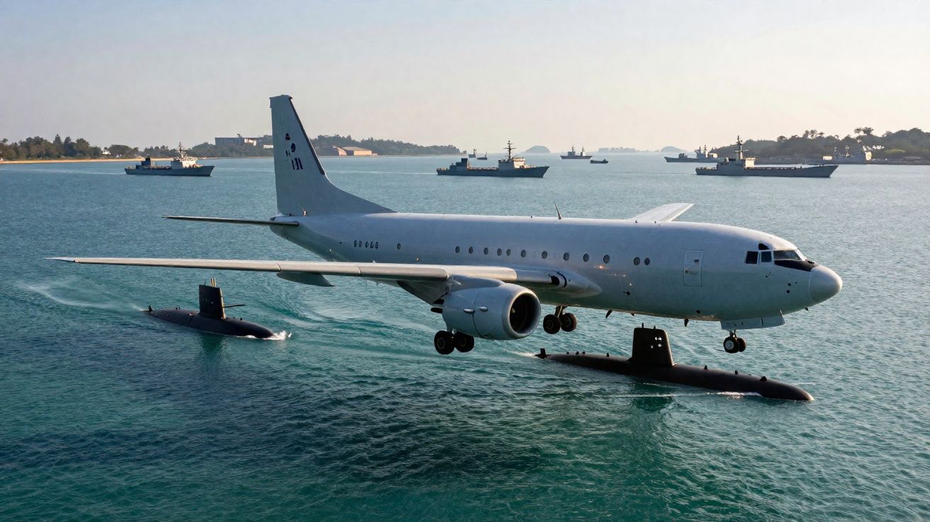Avião militar a voar baixo sobre mar com dois submarinos e vários navios de guerra ao fundo.