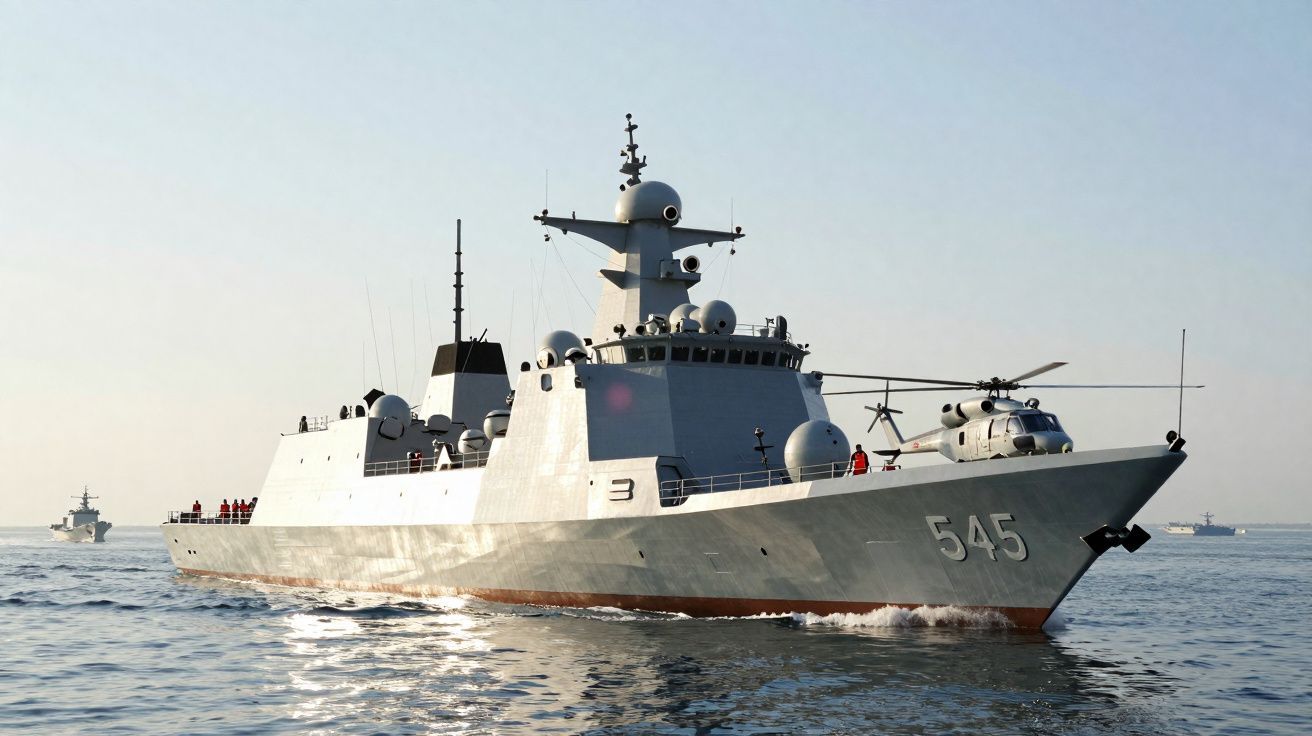 Navio de guerra cinzento com o número 545 e um helicóptero na popa a navegar no mar calmo.