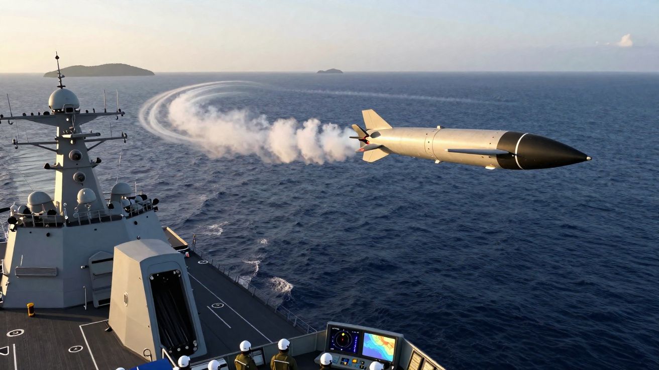 Míssil a ser lançado de um navio de guerra no mar durante o pôr do sol, com tripulantes a observar.