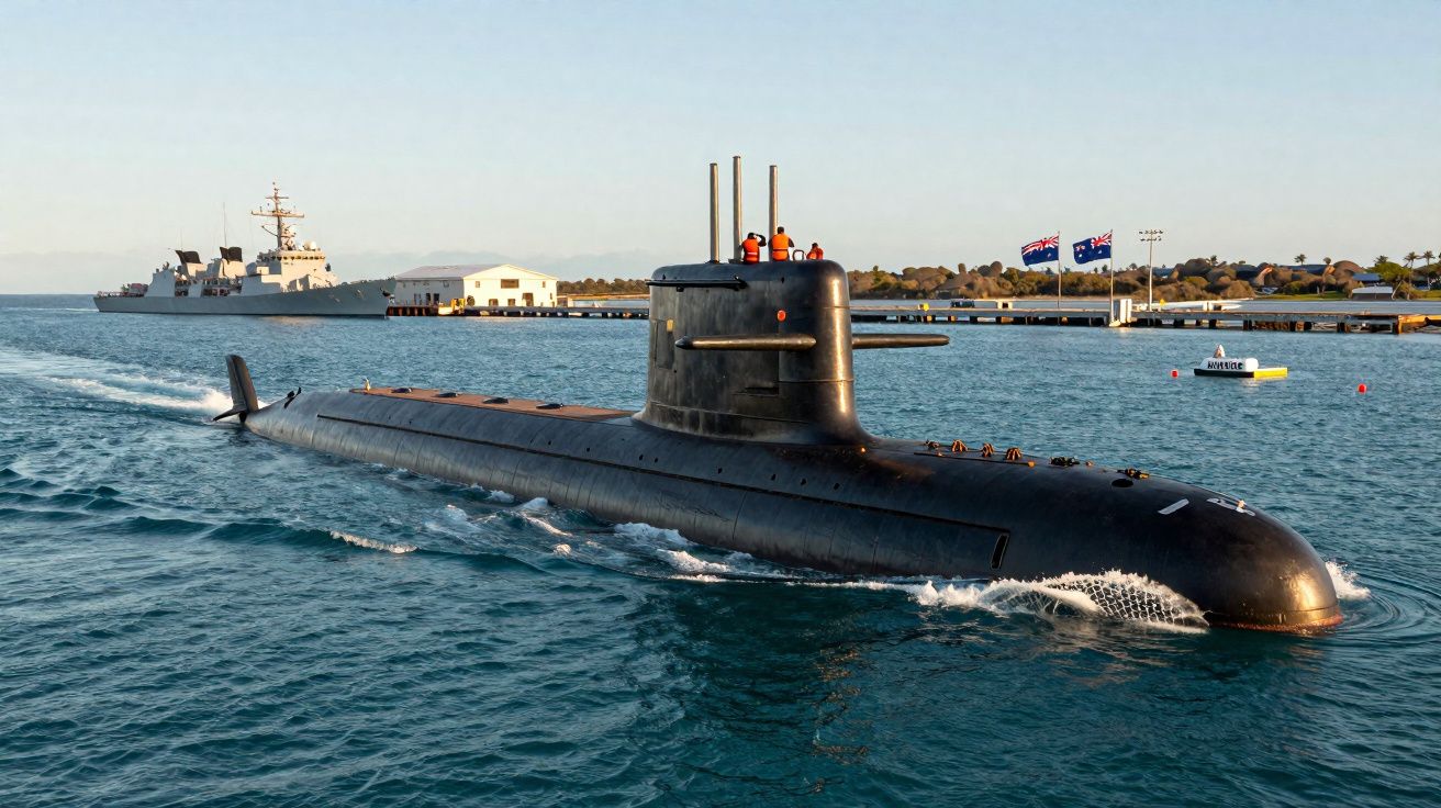 Submarino militar negro junto a cais com bandeiras e navio de guerra ao fundo em mar calmo.