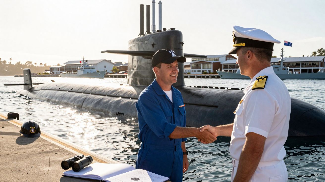 Dois militares apertam as mãos junto a um submarino fundeado, com documentos e binóculos na doca.