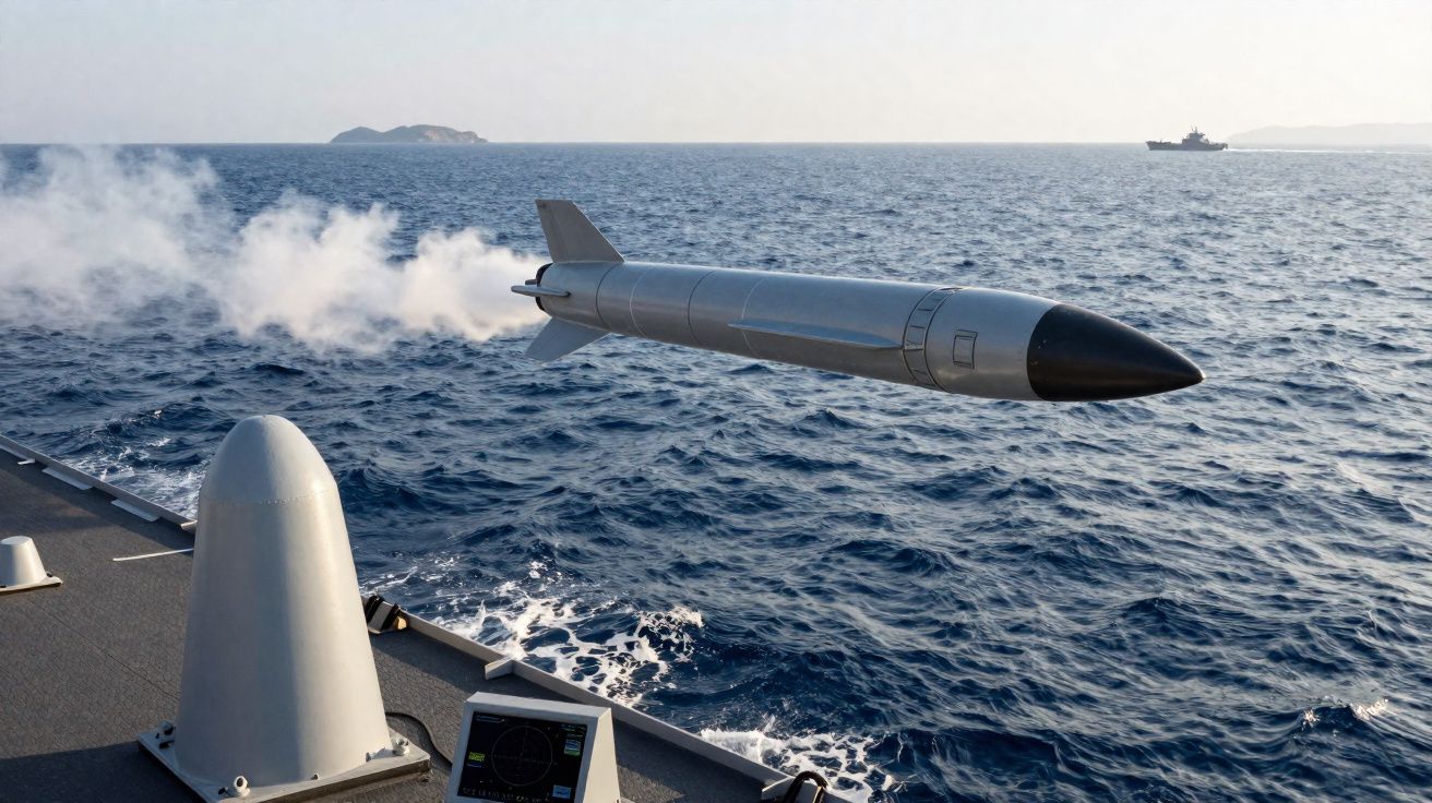 Míssil a ser lançado a partir de um navio militar no mar com duas ilhas ao fundo.