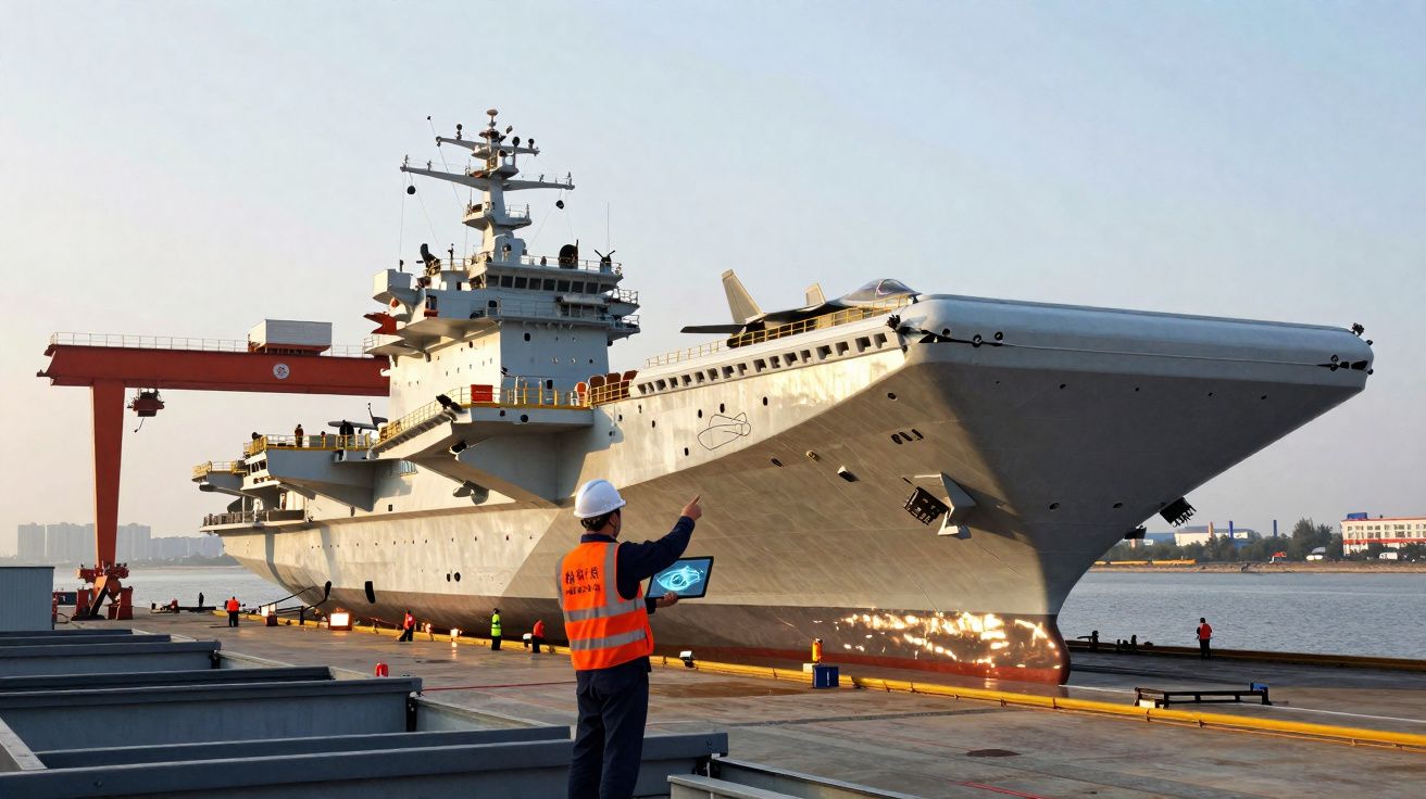 Homem de colete laranja e capacete branco dirige-se a grande porta-aviões ancorado num cais industrial.