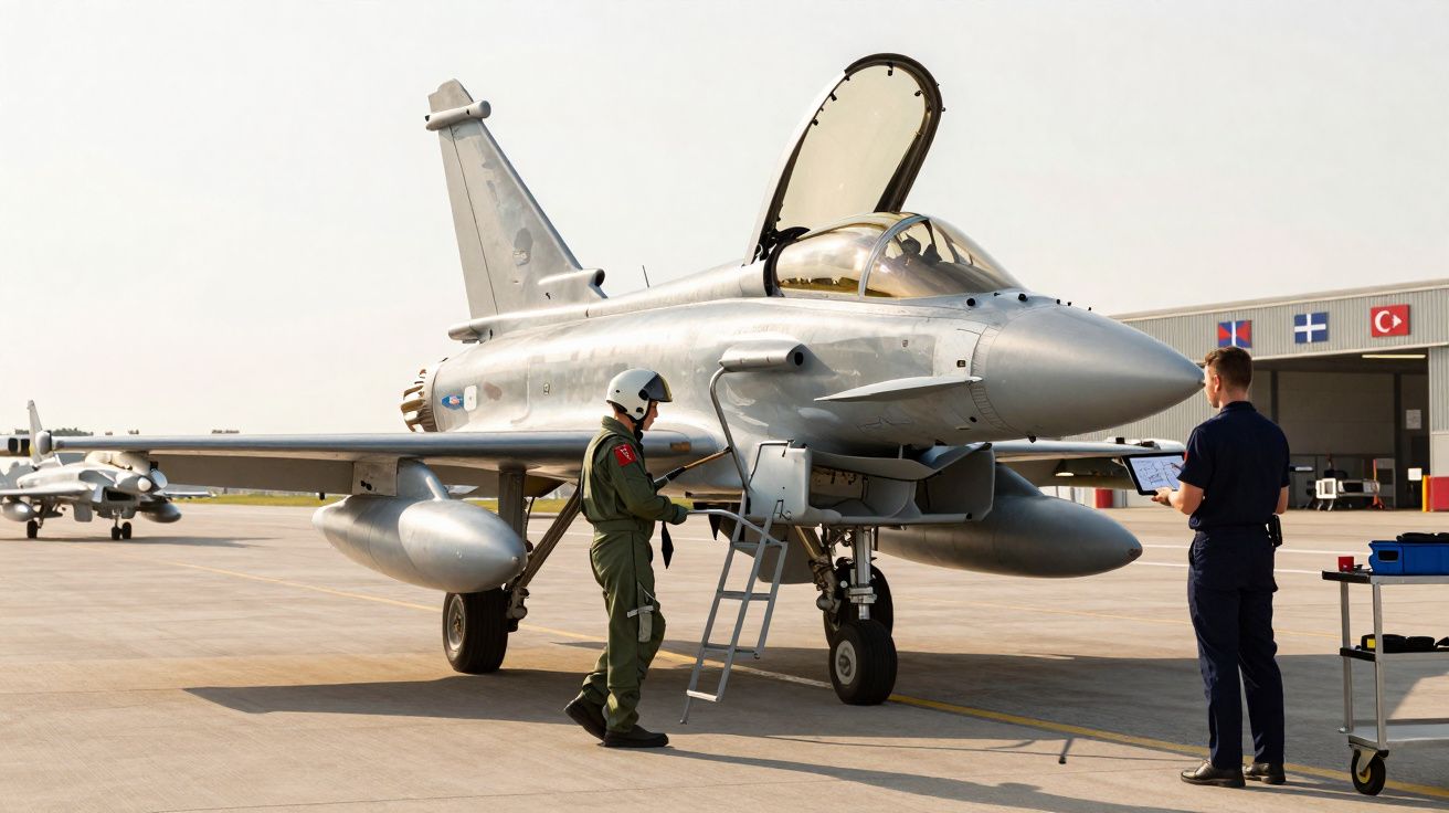 Avião militar estacionado numa pista com piloto e técnico a realizar inspeção e preparação para voo.