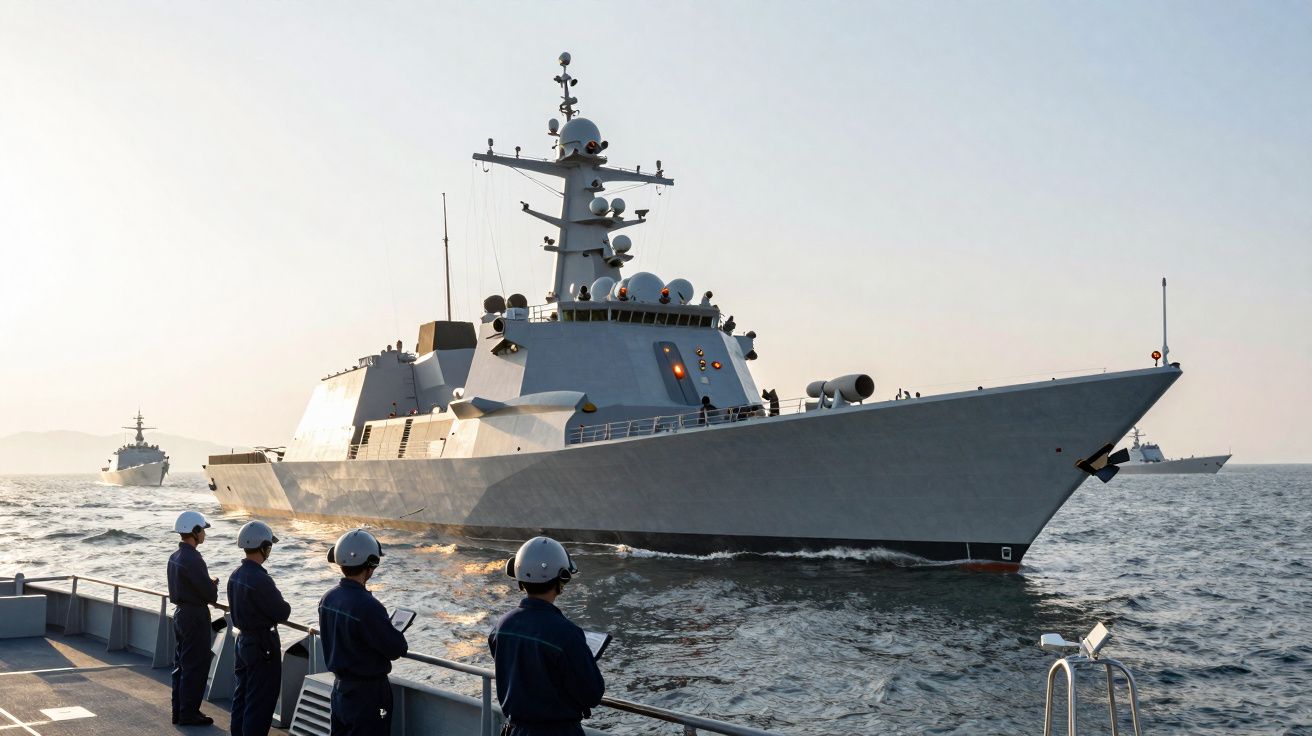 Navio de guerra cinzento no mar ao pôr do sol com quatro marinheiros em farda e capacete em primeiro plano.