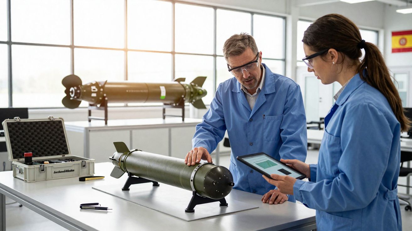Dois técnicos com bata azul e óculos de proteção examinam um projétil militar sobre uma mesa de laboratório.