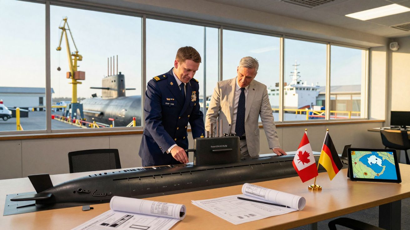 Dois homens em escritório a analisar maquete de submarino com mapas e bandeiras do Canadá e Alemanha.