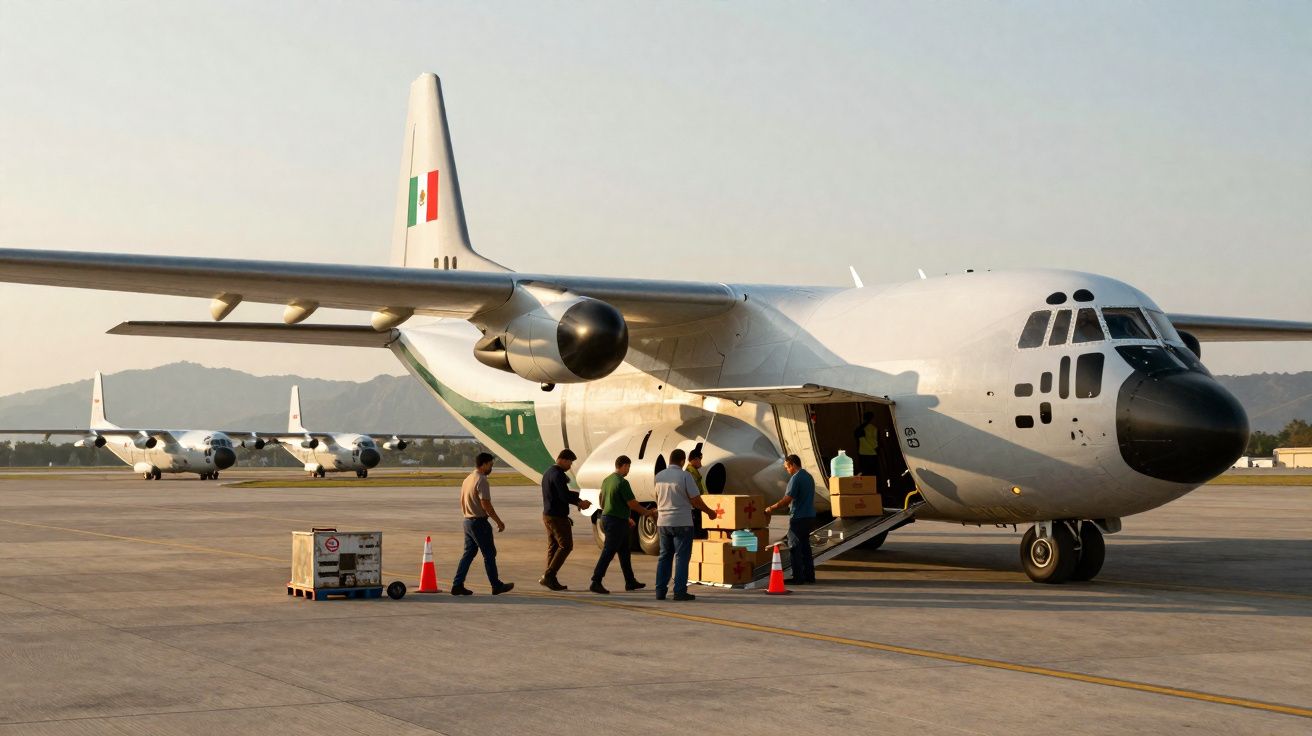 Pessoas descarregam caixas com material médico de avião de transporte com bandeira do México num aeroporto.