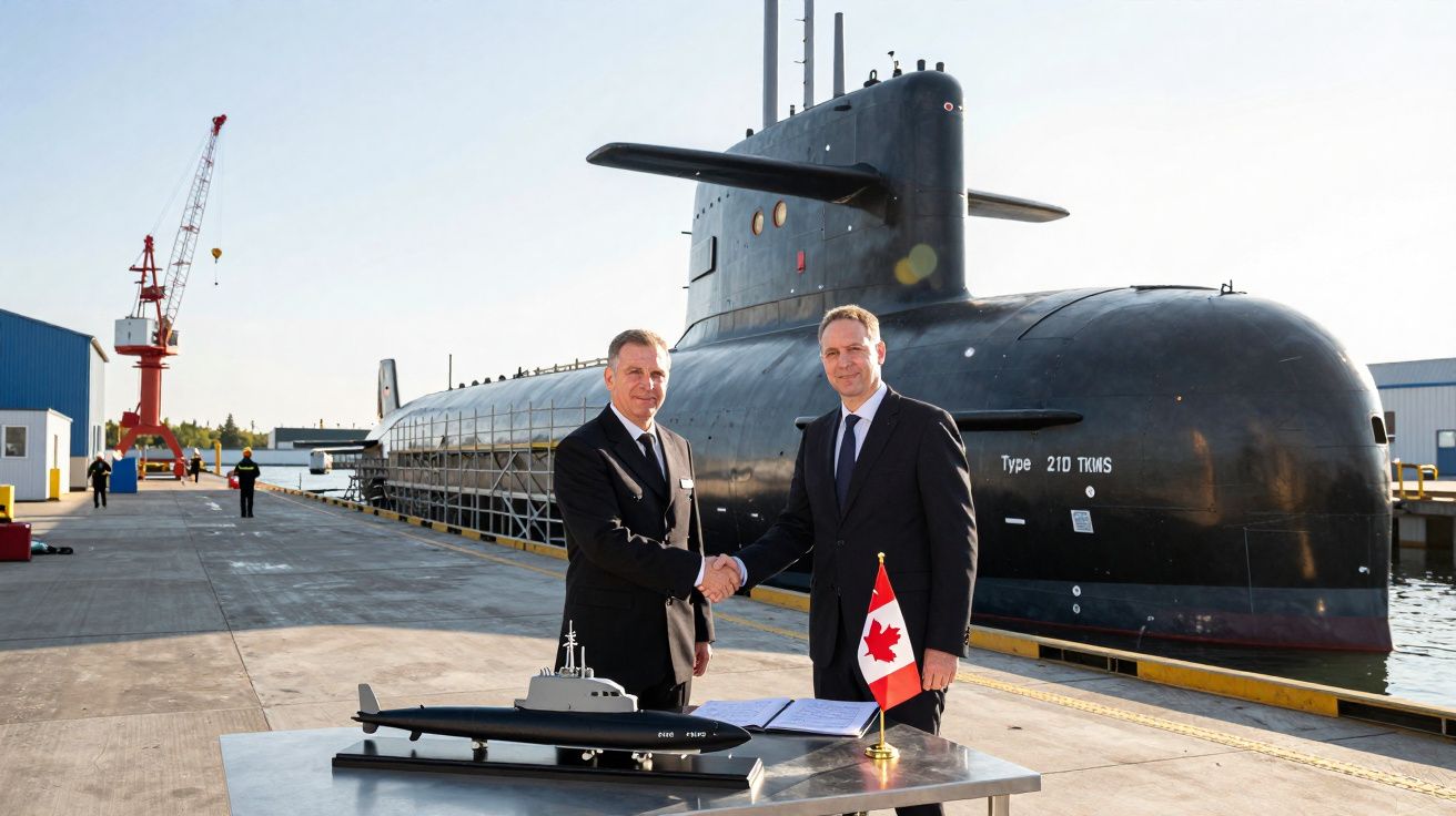 Dois homens de fato apertam as mãos junto a um modelo de submarino e um submarino real atracado num estaleiro.