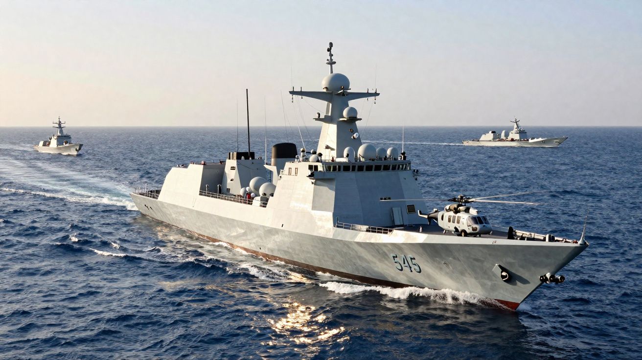 Fragata militar cinzenta com helicóptero a bordo navegando no mar, acompanhada por dois navios ao longe.