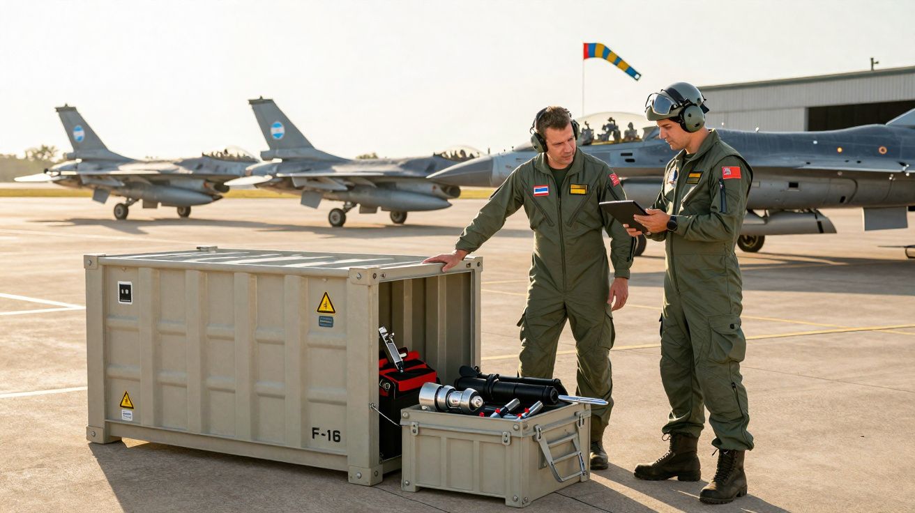 Dois pilotos militares com fato de voo verde verificam equipamento perto de container, com jatos F-16 ao fundo.
