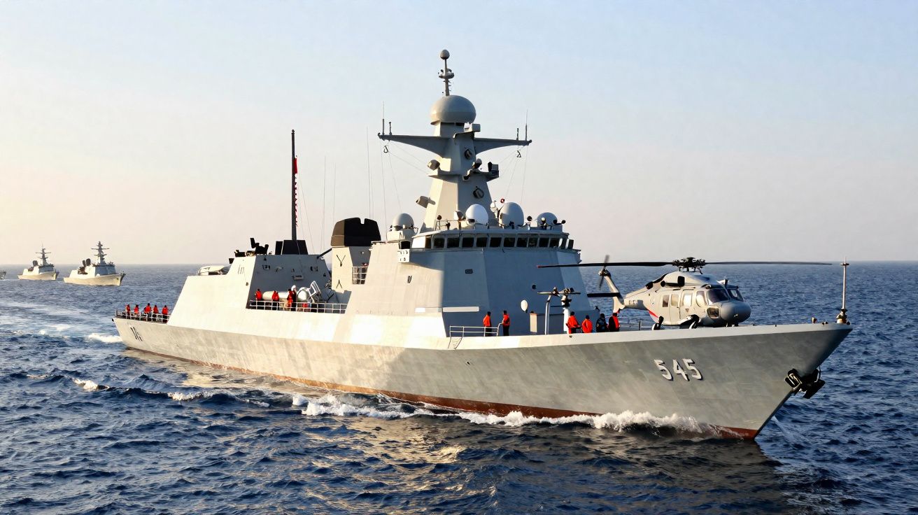 Porta-helicópteros militar cinzento a navegar no mar com tripulantes de coletes laranja no convés.