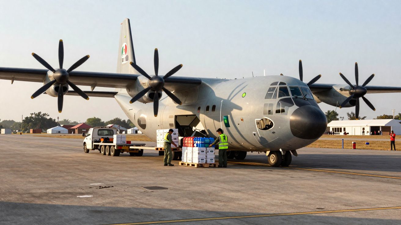 Avião militar de transporte a ser carregado com caixas por trabalhadores num aeroporto ao entardecer.