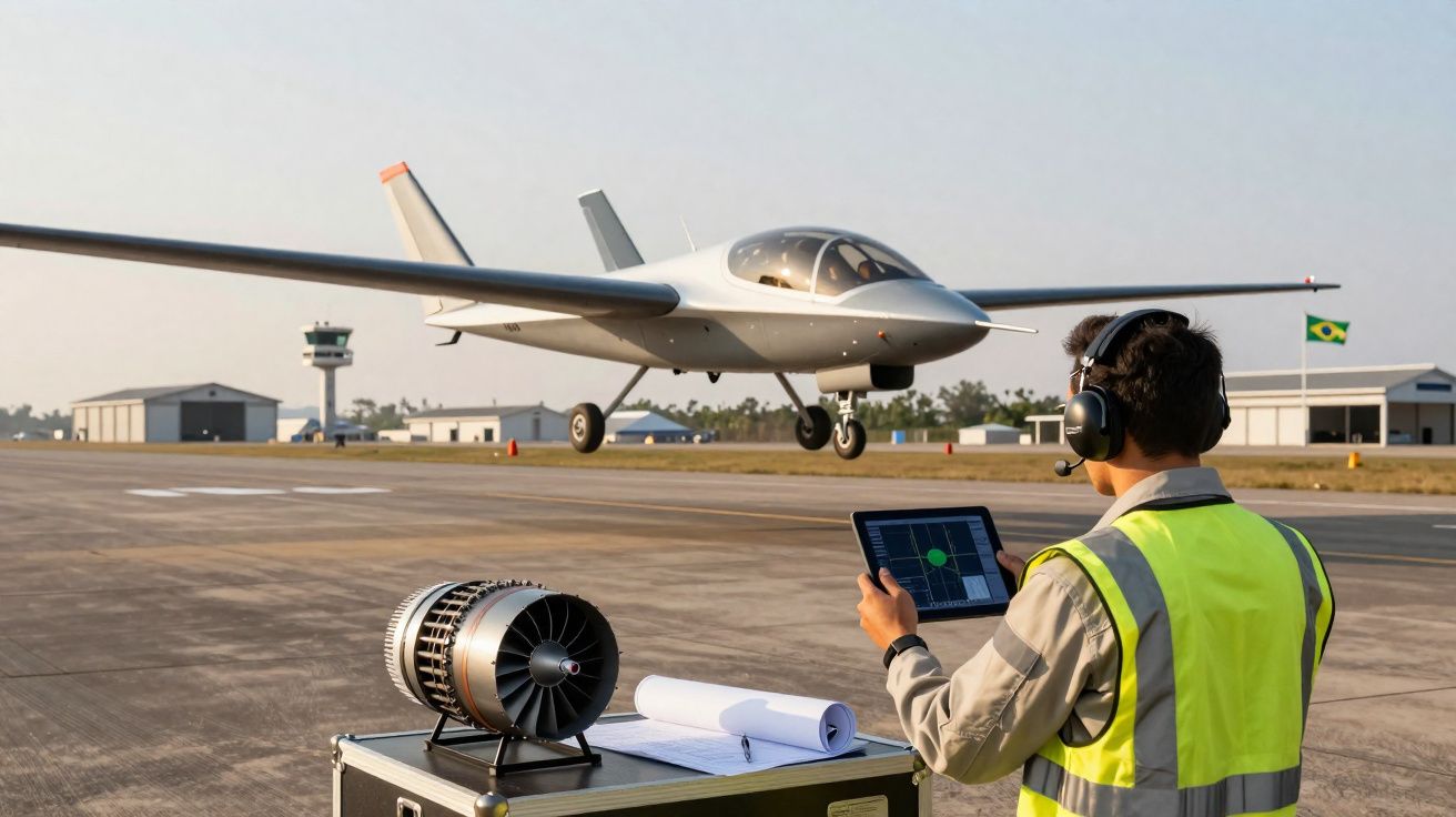 Homem com colete reflectivo e auscultadores controla um drone aéreo numa pista de aeroporto.