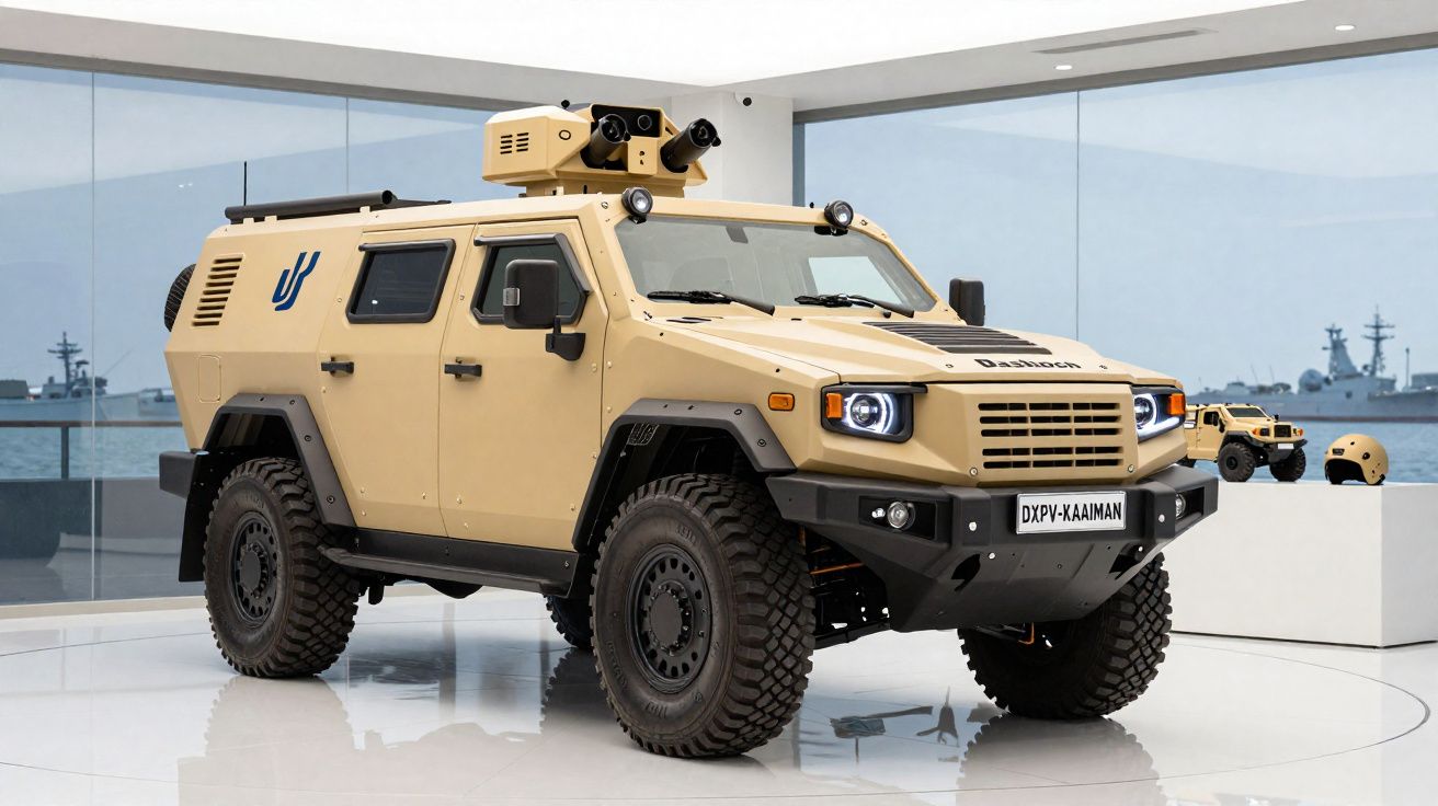 Veículo militar blindado bege com armamento montado e janelas pequenas em exposição interior moderna.