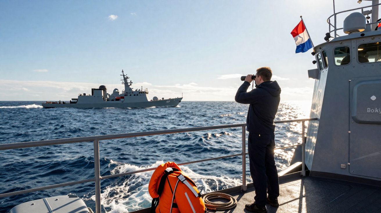 Homem observa com binóculos navio de guerra no mar durante o dia, a partir de outro barco.
