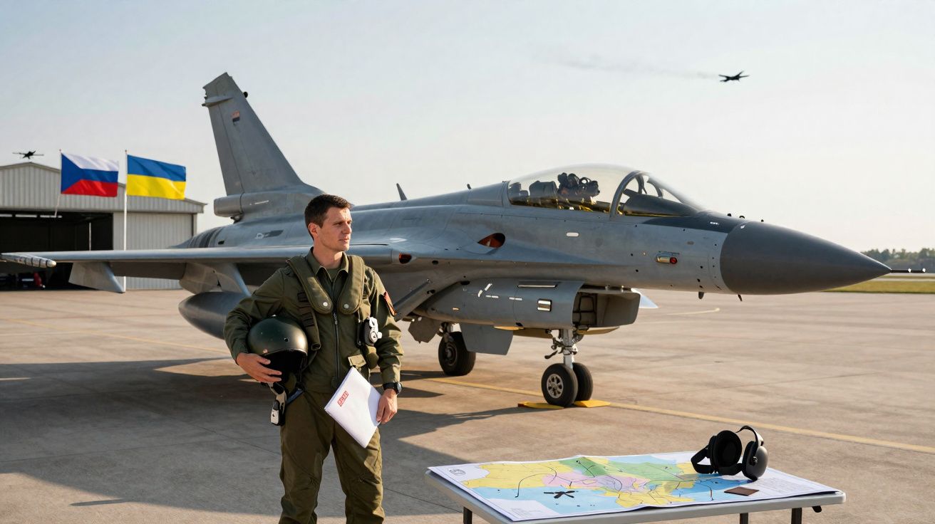 Piloto militar com fato de voo e capacete ao lado de caça no aeroporto com bandeiras da Rússia e Ucrânia ao fundo.