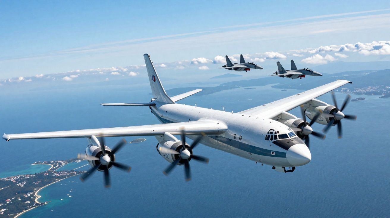 Avião militar com hélices em voo sobre o mar acompanhado por dois caças a jato em céu limpo.