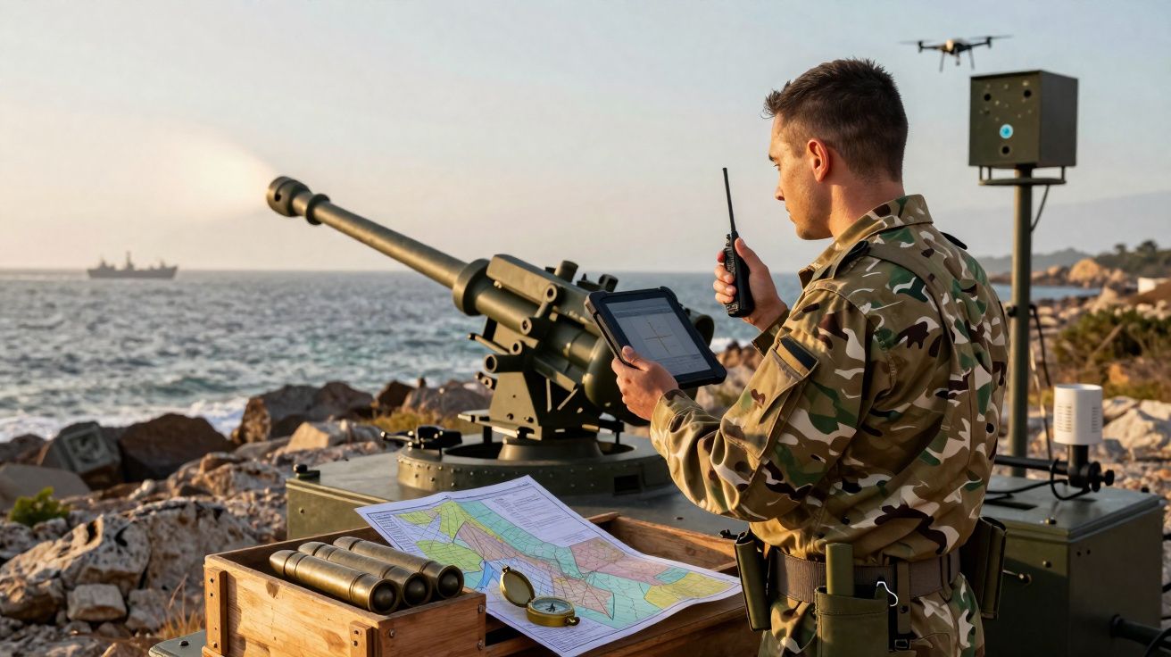 Soldado em uniforme camuflado opera canhão costeiro junto ao mar, com mapa, tablet e drone ao fundo.