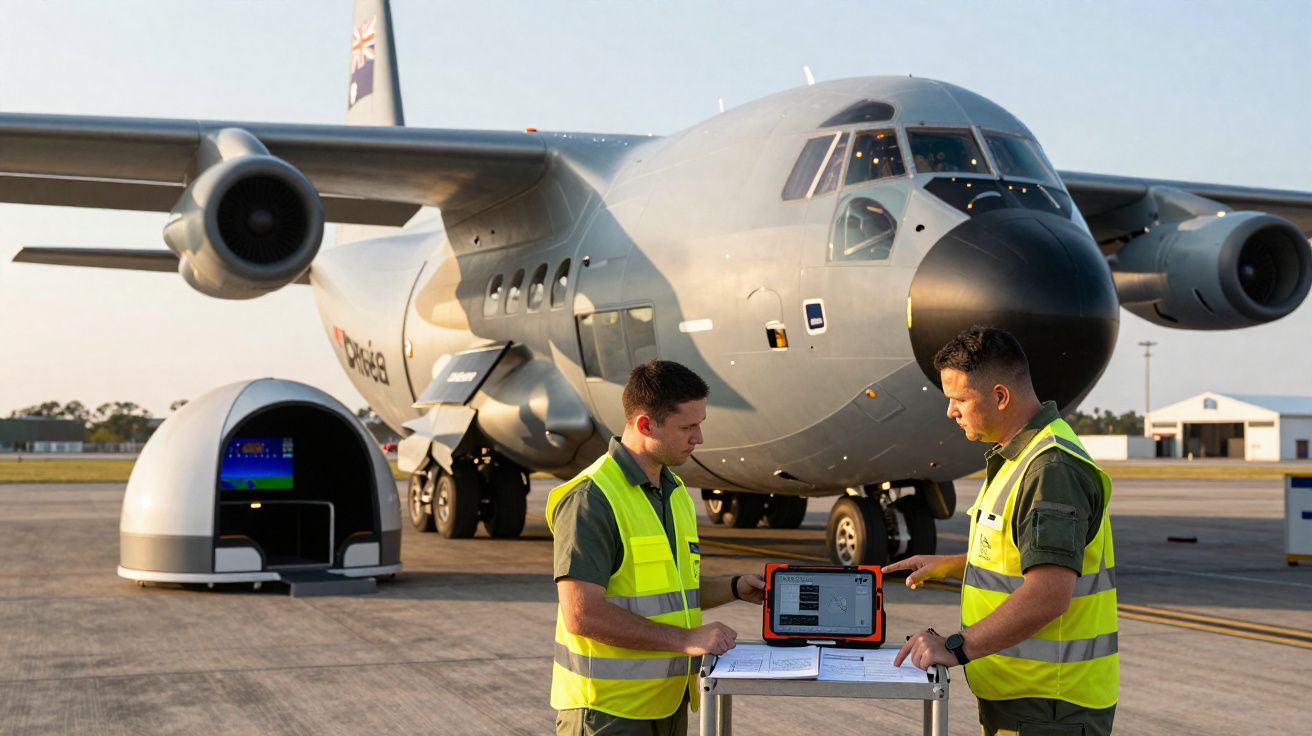 Dois técnicos em coletes refletores verificam documentos e um tablet junto a um avião militar estacionado no aeroporto.