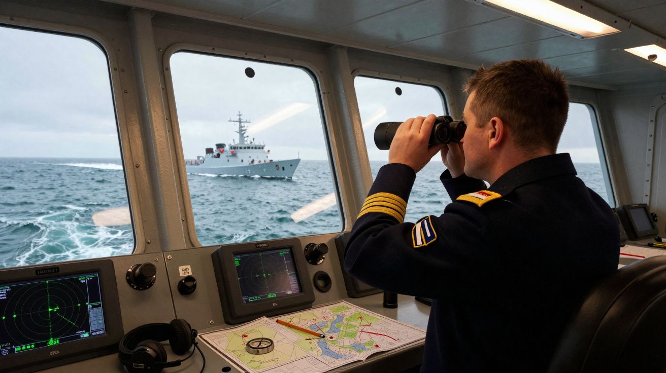 Homem em uniforme naval observa navio no mar através de binóculos na ponte de comando de um navio.