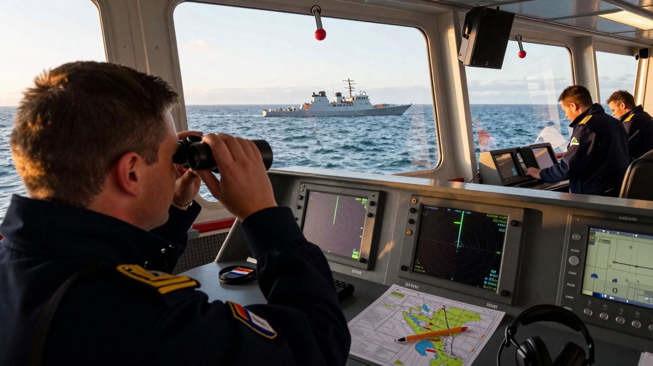 Soldados da marinha observam navio a partir da ponte de comando com equipamento de radar e mapas náuticos.