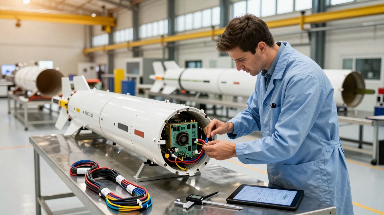 Engenheiro a trabalhar no interior de um dispositivo tecnológico cilíndrico num laboratório industrial.