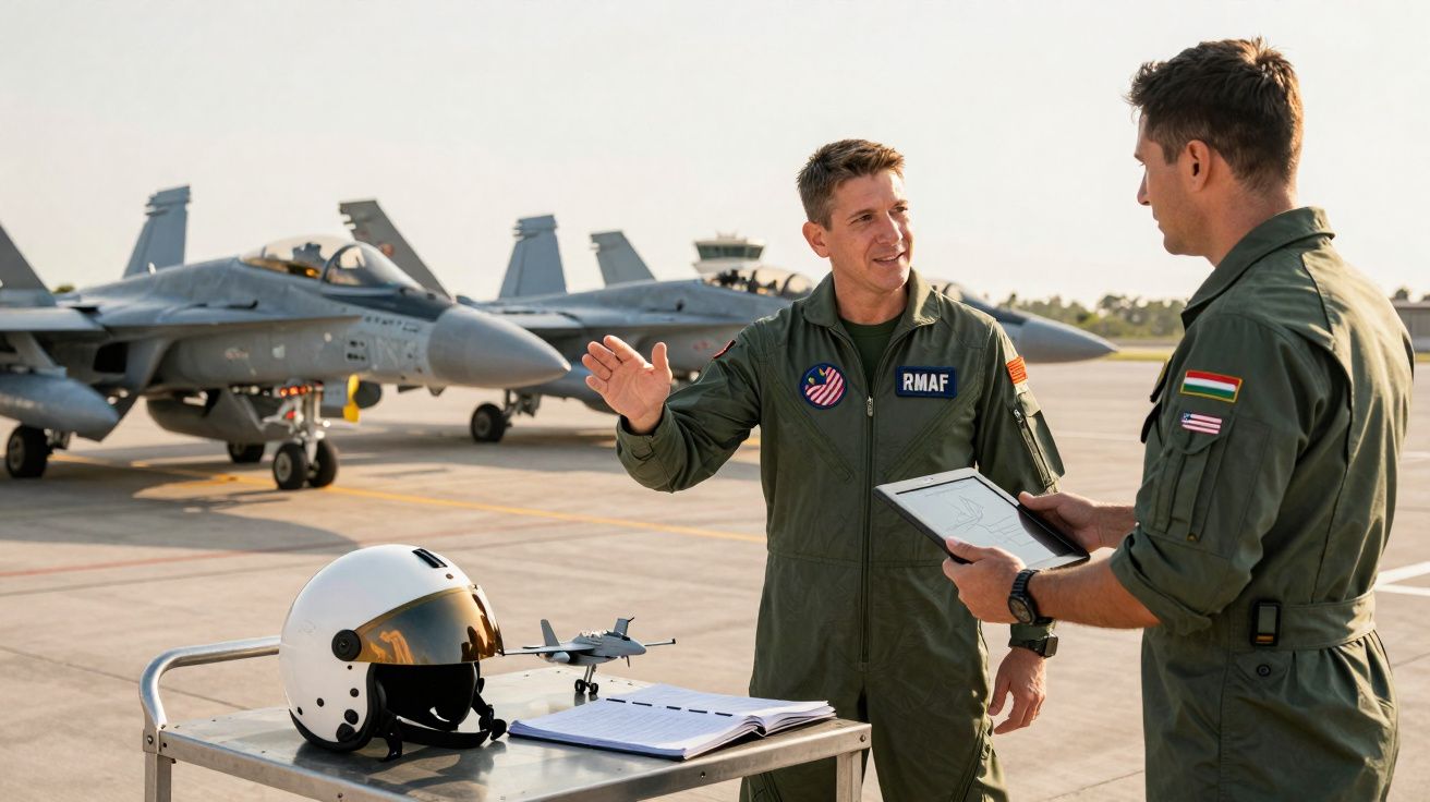 Dois pilotos militares em fatos de voo discutem planos na pista com dois caças ao fundo e capacete em carrinho.