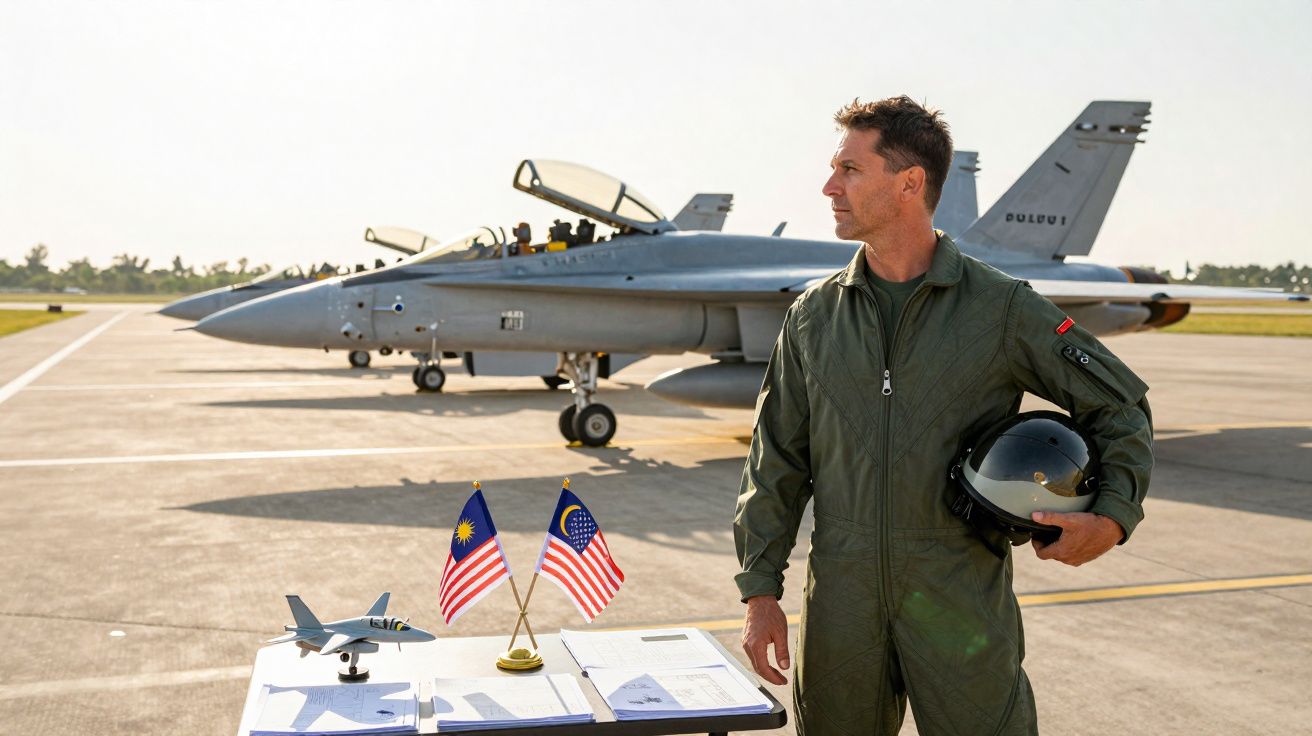 Piloto militar em fato verde, com capacete na mão, em aeroporto com jatos de combate ao fundo e mesa com bandeiras da Malásia