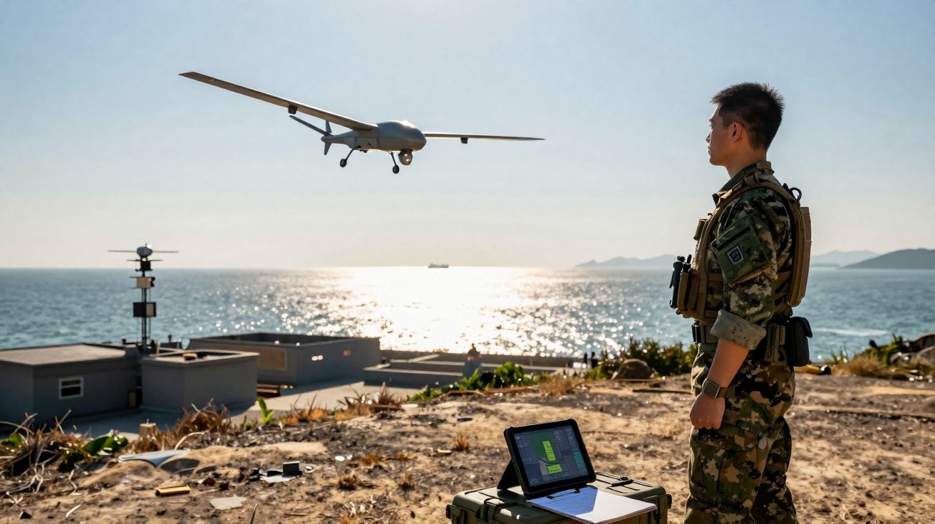 Militar em campo com drone não tripulado a sobrevoar perto do mar ao pôr do sol, equipamento tecnológico visível.