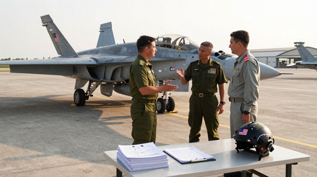 Três militares conversam perto de um caça estacionado na pista de um aeroporto militar.