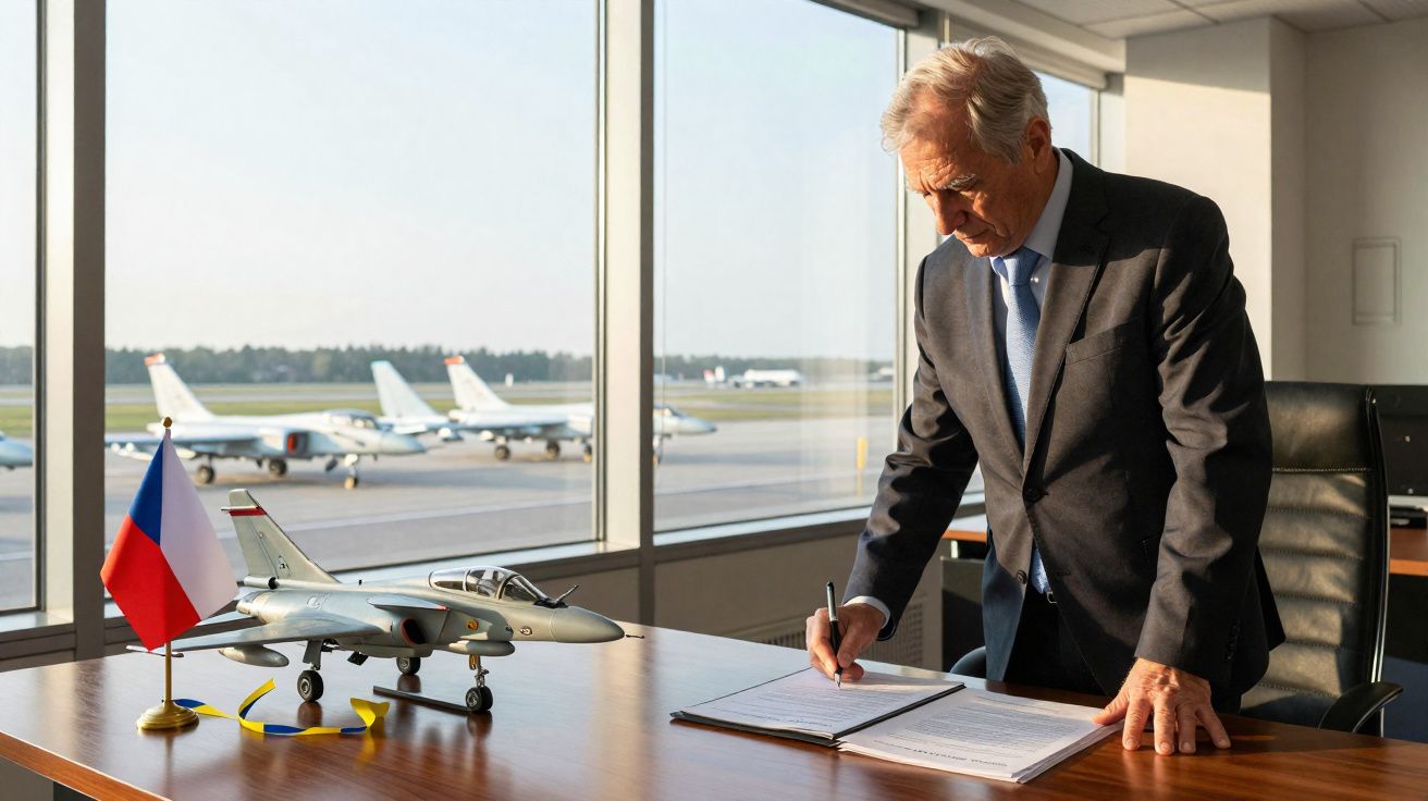 Homem de fato assina documento num escritório com modelo de avião e bandeira da República Checa.