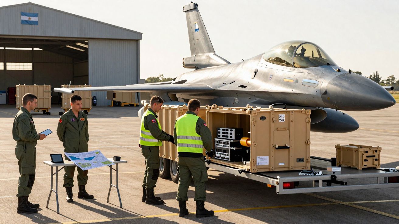 Quatro militares inspecionam equipamento junto a um caça F-16 estacionado numa pista de aeroporto.