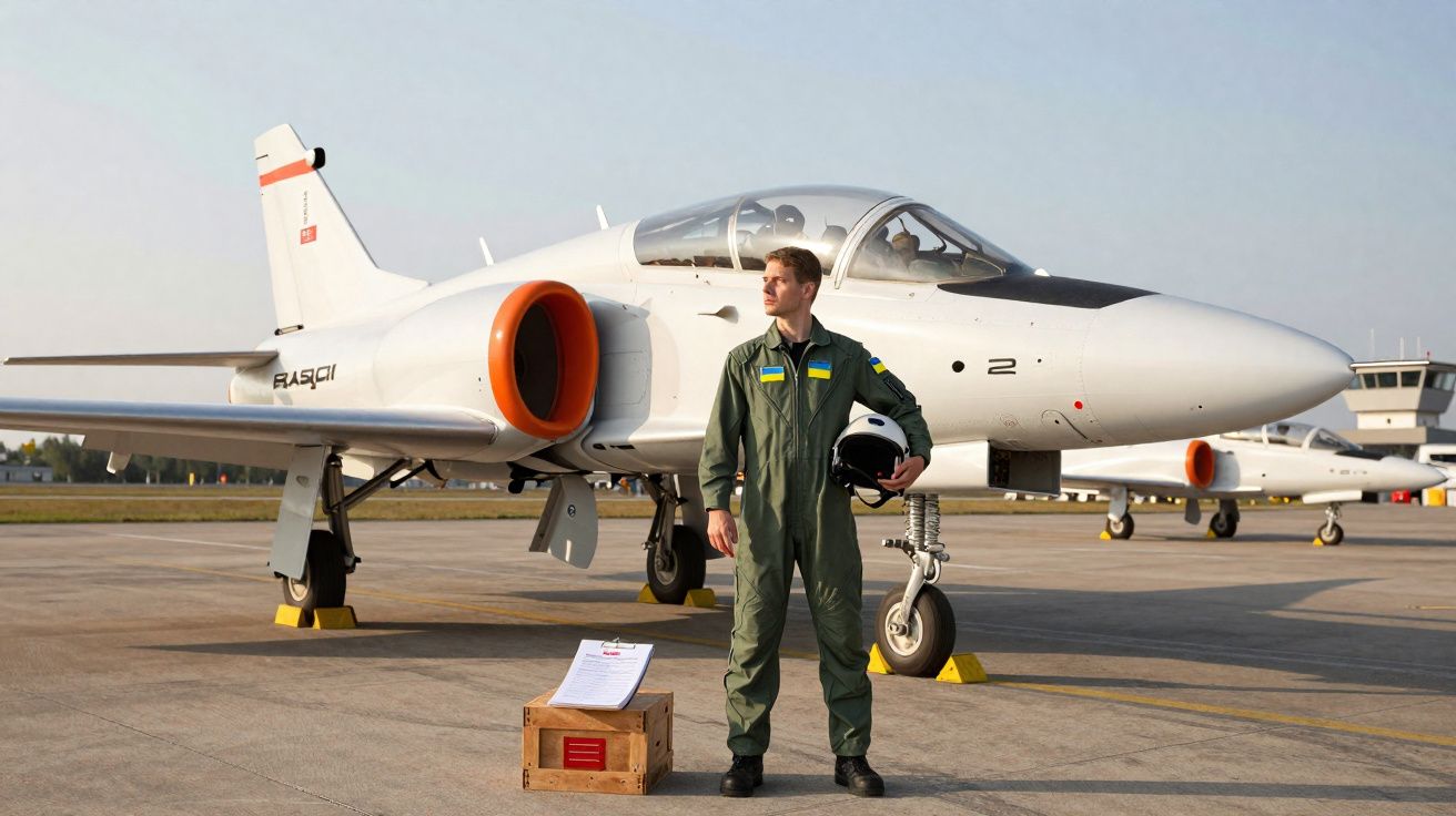 Piloto militar em fato de voo verde segura capacete diante de avião branco estacionado em pista.