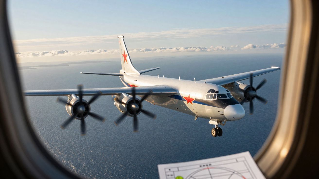 Avião militar cinzento com hélices visto através da janela de outra aeronave sobre o oceano.