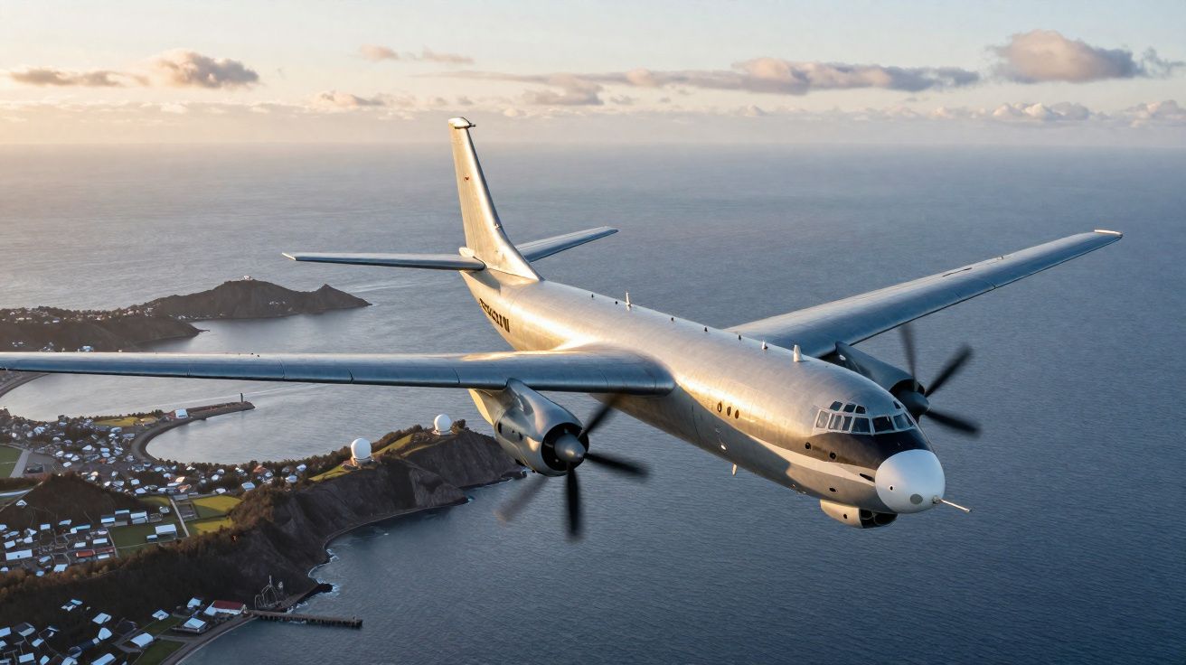 Avião clássico turboélice cinzento voando sobre uma costa rochosa com mar e céu parcialmente nublado.