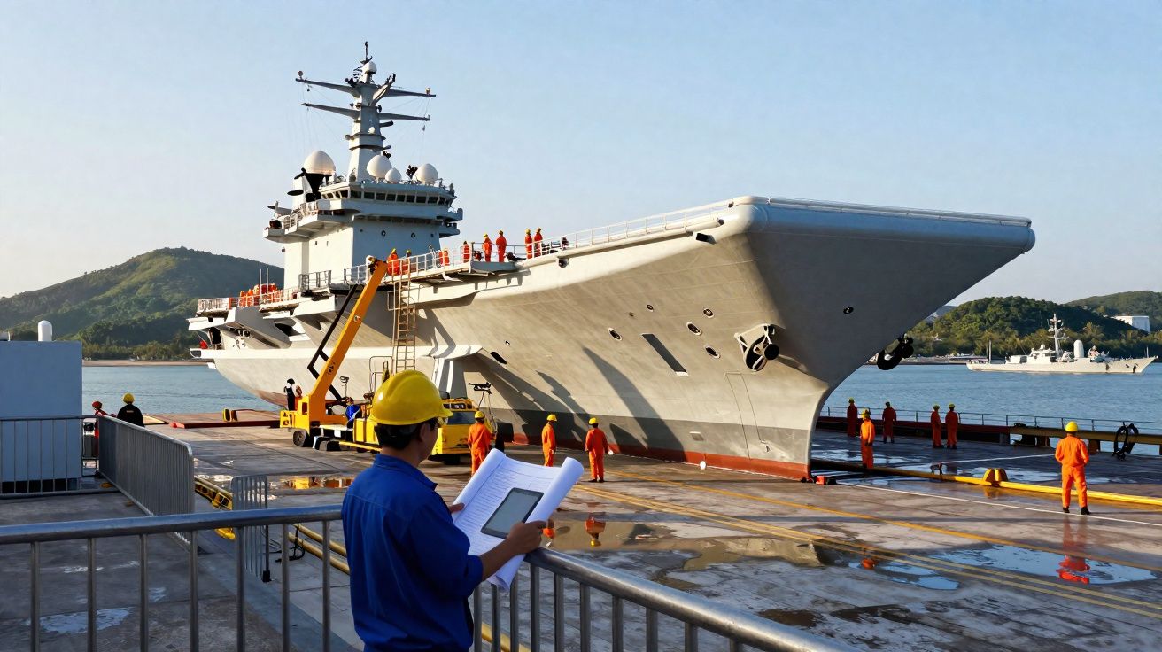 Homem de capacete amarelo com documentos observa trabalhadores junto a grande navio militar atracado no porto.