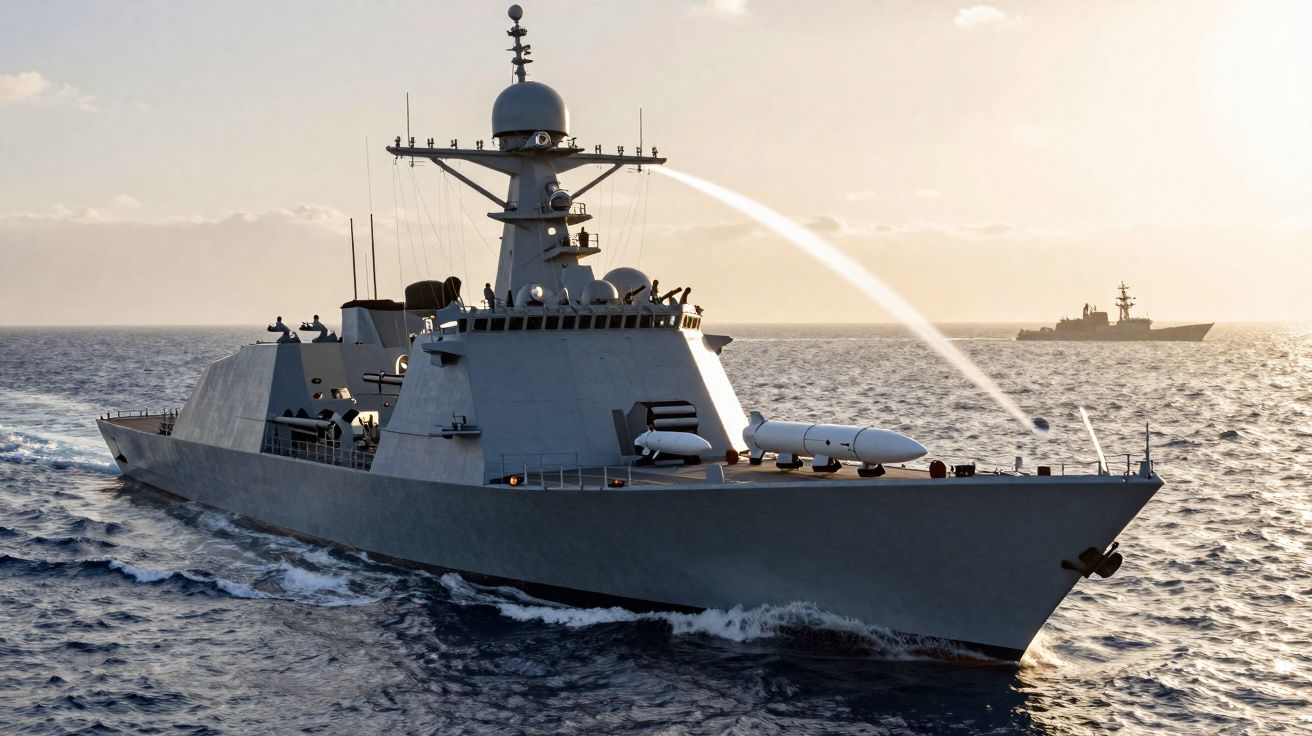 Navio de guerra cinza a navegar no mar ao pôr do sol, com outro navio ao fundo.