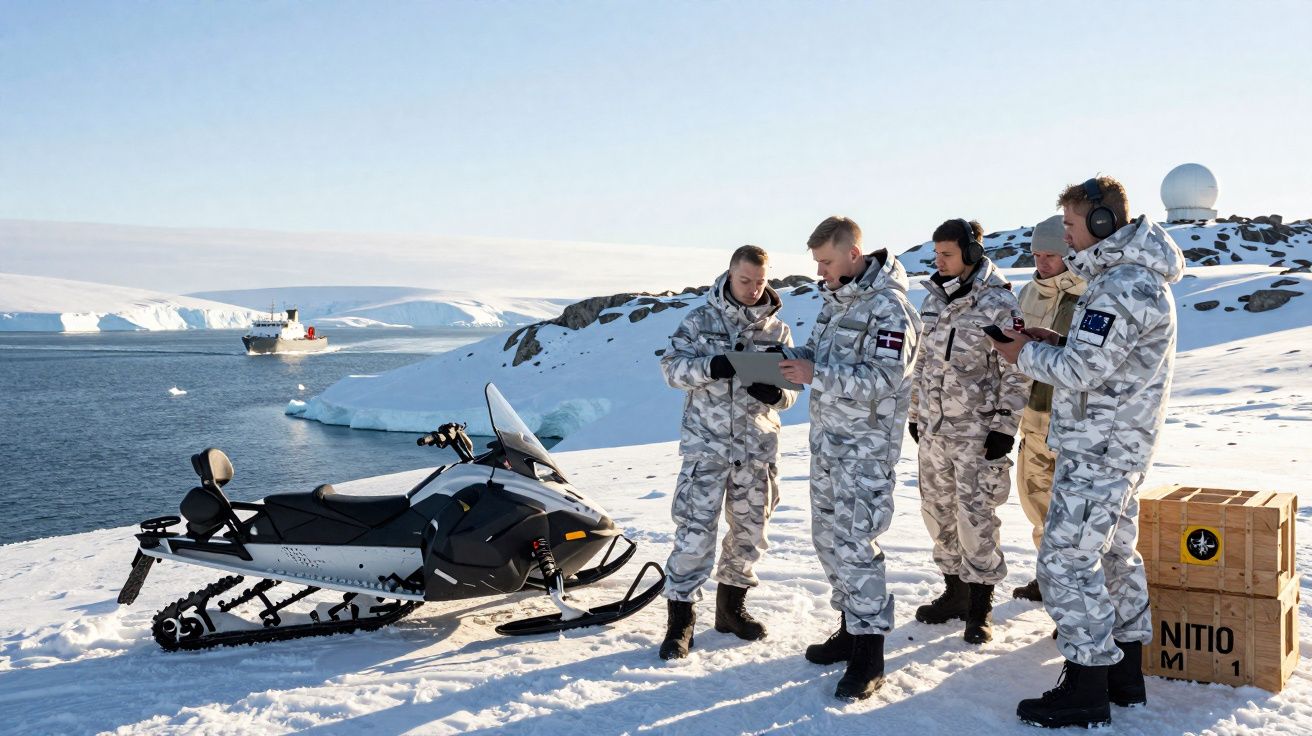 Soldados com roupa de camuflagem branca junto a mota de neve e barco no mar gelado com icebergues ao fundo.
