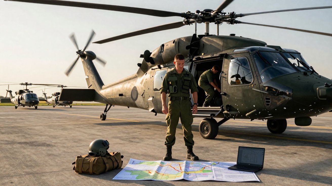Soldado militar analisa mapa junto a helicóptero de combate num aeroporto militar ao pôr do sol.