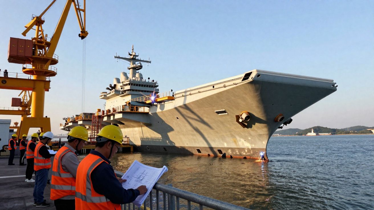 Homens com coletes e capacetes em inspeção junto a grande porta-aviões cinzento atracado no cais.