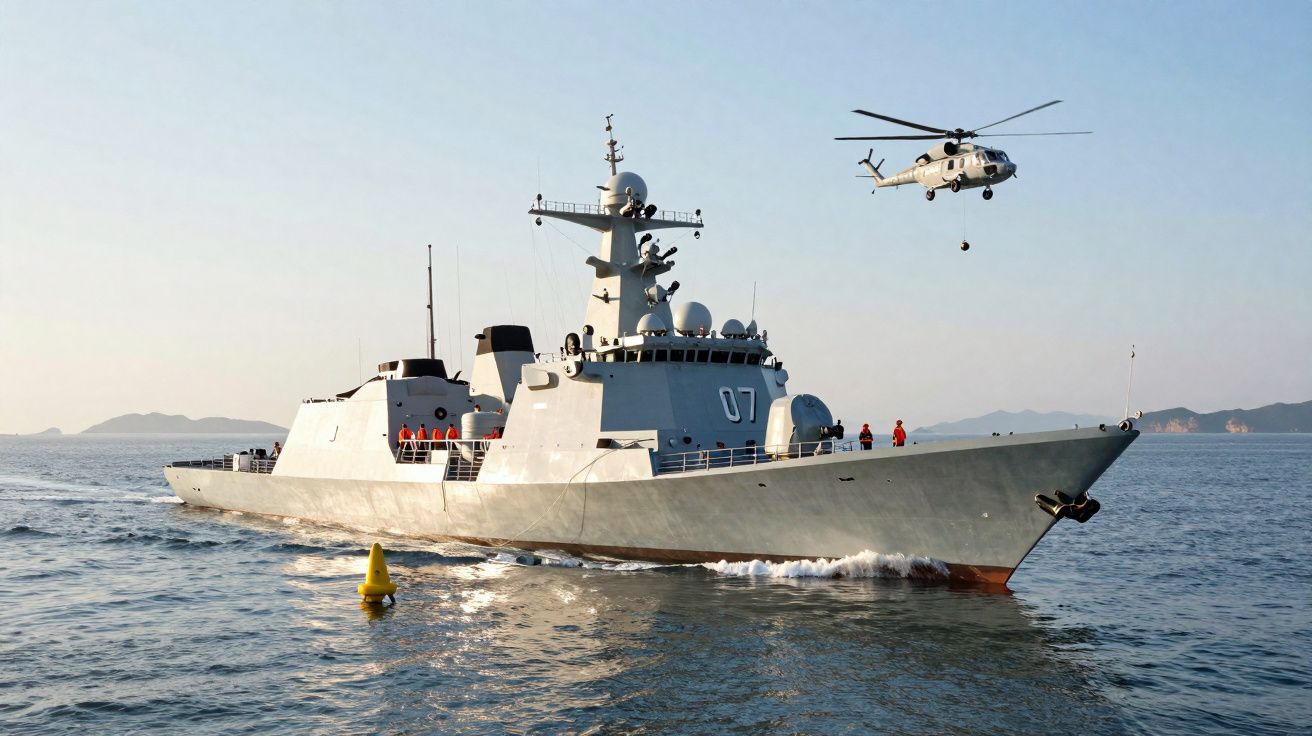 Porta-aviões militar cinzento com tripulação no convés e helicóptero a recolher carga sobre o mar calmo.