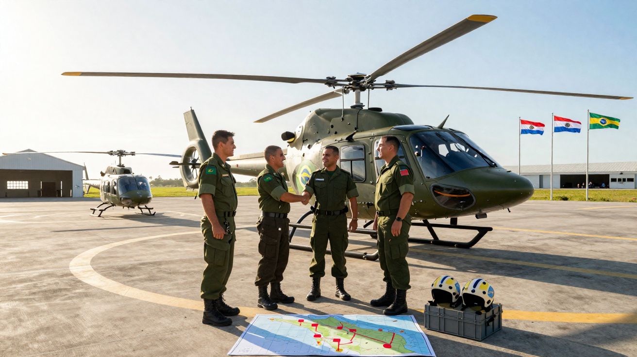 Quatro militares em uniforme verde cumprimentam-se junto a dois helicópteros num helipátio com mapa no chão.